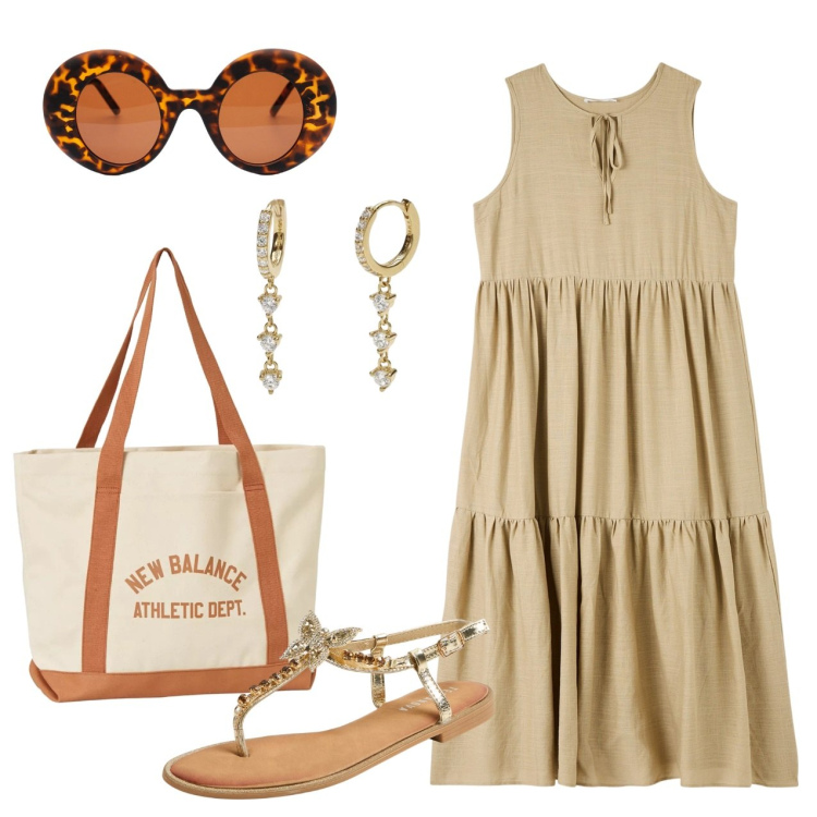 Outfit donna - Balze sabbia. Stile Bon Ton per Tutti i giorni. Abbinamento con vestiti senza maniche, sandali gioiello, orecchini, borse tote, occhiali da sole.