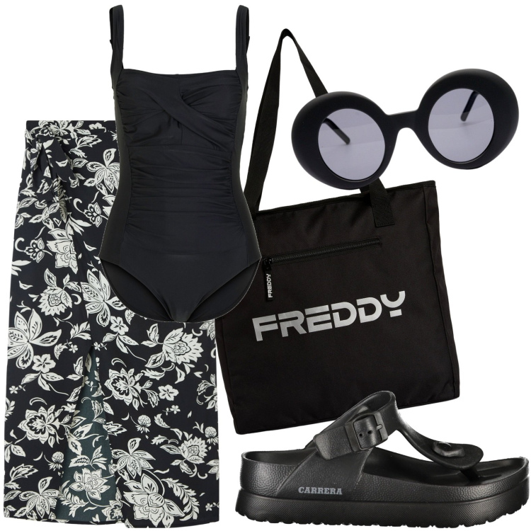 Outfit donna - Total black. Stile Casual per Tutti i giorni. Abbinamento con costumi interi, vestiti da spiaggia, shopping bag, infradito, occhiali da sole.