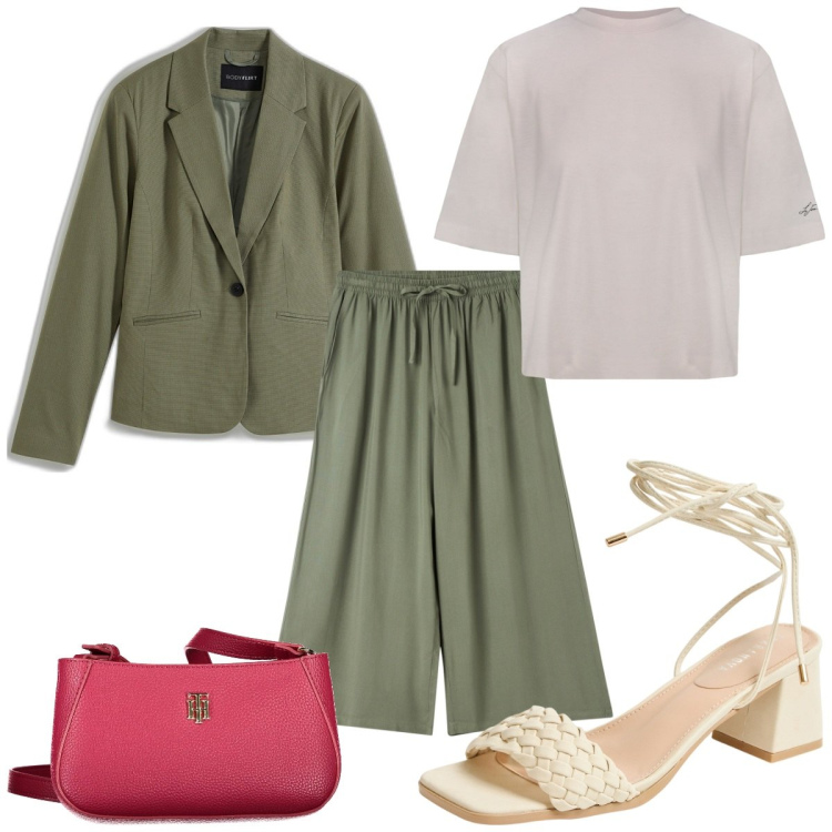 Outfit donna - Total look #1901257. Stile Trendy per Tutti i giorni. Abbinamento con blazer, pantaloni a palazzo, sandali alla schiava, borse a tracolla, t-shirt.