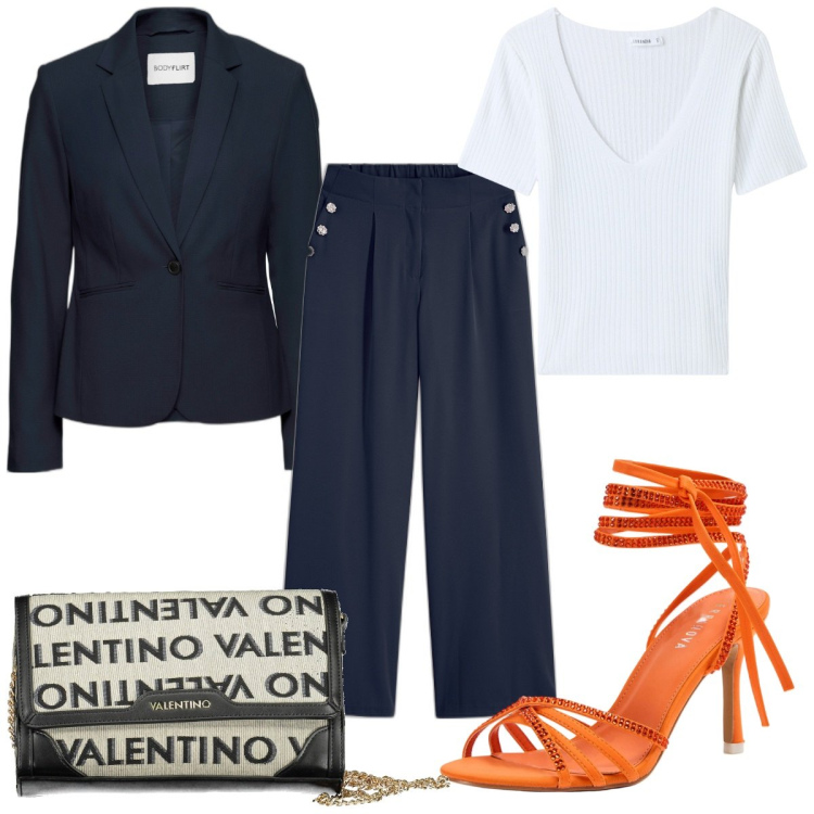 Outfit donna - Total look #1901259. Stile Trendy per Tutti i giorni. Abbinamento con blazer, pantaloni, t-shirt, sandali alla schiava, borse a tracolla.