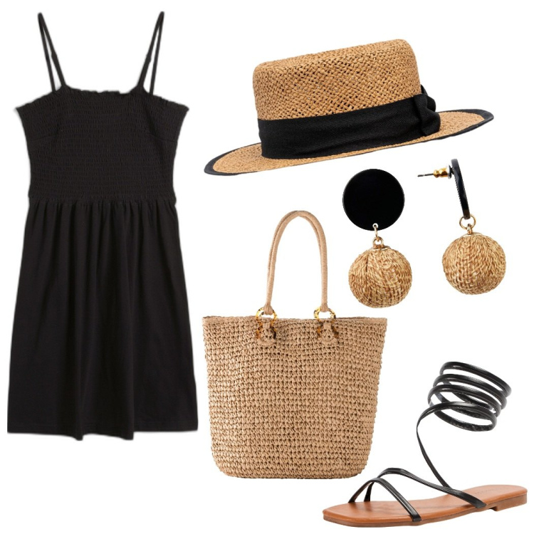 Outfit donna - Ferie. Stile Casual per Tutti i giorni. Abbinamento con vestiti, orecchini, shopping bag, sandali, cappelli.