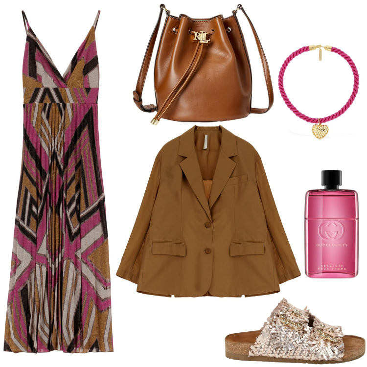 Outfit donna - Serate estive. Stile Etnico per Serata fuori. Abbinamento con profumi, blazer, borse a secchiello, vestiti lunghi, sandali in pelle, collane.
