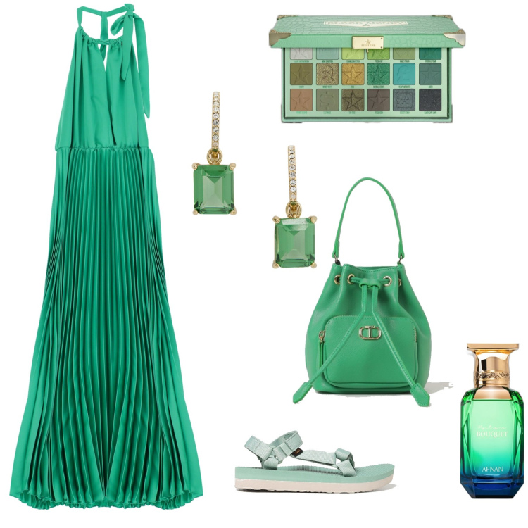 Outfit donna - In verde. Stile Chic per Serata fuori. Abbinamento con profumi, ombretti, vestiti lunghi, orecchini, borse a secchiello, sandali.