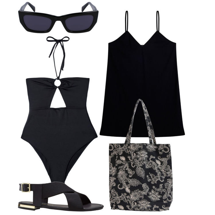 Outfit donna - Ghost outfitter - giugno. Stile Chic per Mare. Abbinamento con sandali, shopping bag, costumi interi, vestiti corti, occhiali da sole.