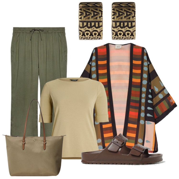 Outfit donna - Total look #1901294. Stile Casual chic per Ufficio. Abbinamento con trench, top, borse tote, sandali, pantaloni, orecchini.
