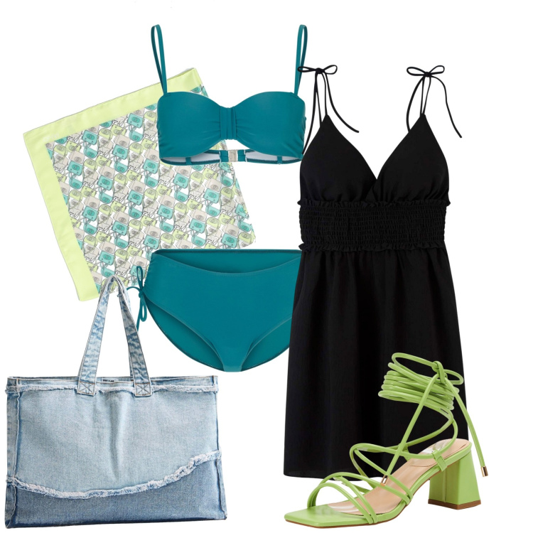 Outfit donna - Ghost outfitter - giugno. Stile Chic per Mare. Abbinamento con bikini, sandali alla schiava, shopping bag, vestiti corti, foulard.