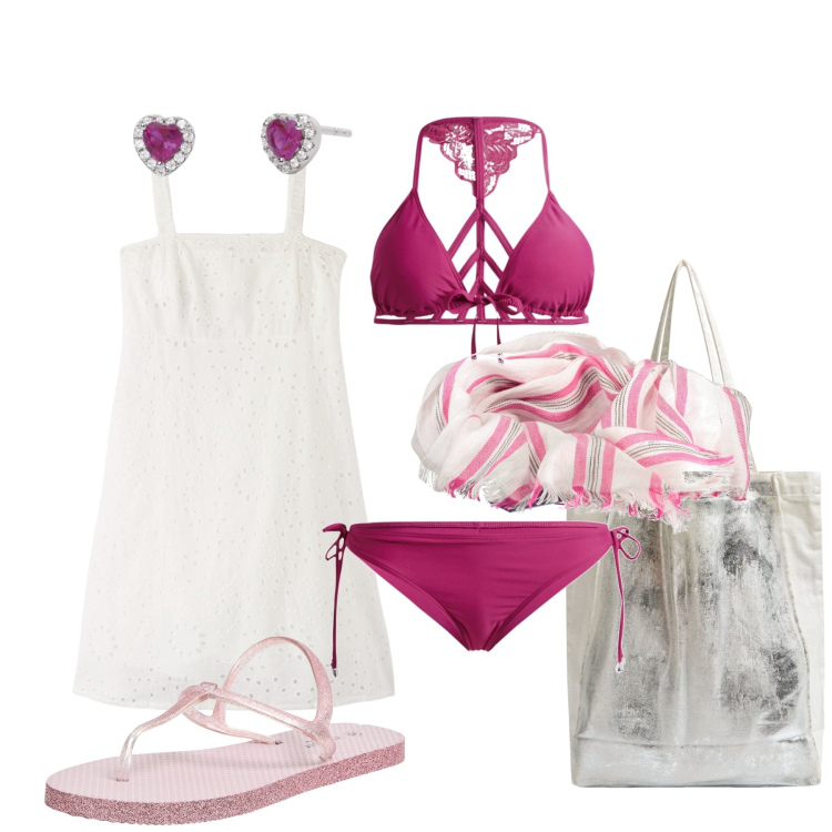 Outfit donna - Ghost outfitter - giugno. Stile Bon Ton per Mare. Abbinamento con bikini, sandali, shopping bag, vestiti corti, orecchini, foulard.