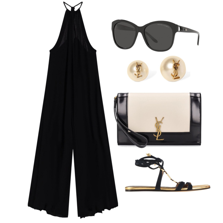 Outfit donna - Ghost outfitter - giugno. Stile Casual chic per Tutti i giorni. Abbinamento con sandali in pelle, tute, occhiali da sole, orecchini, pochette.