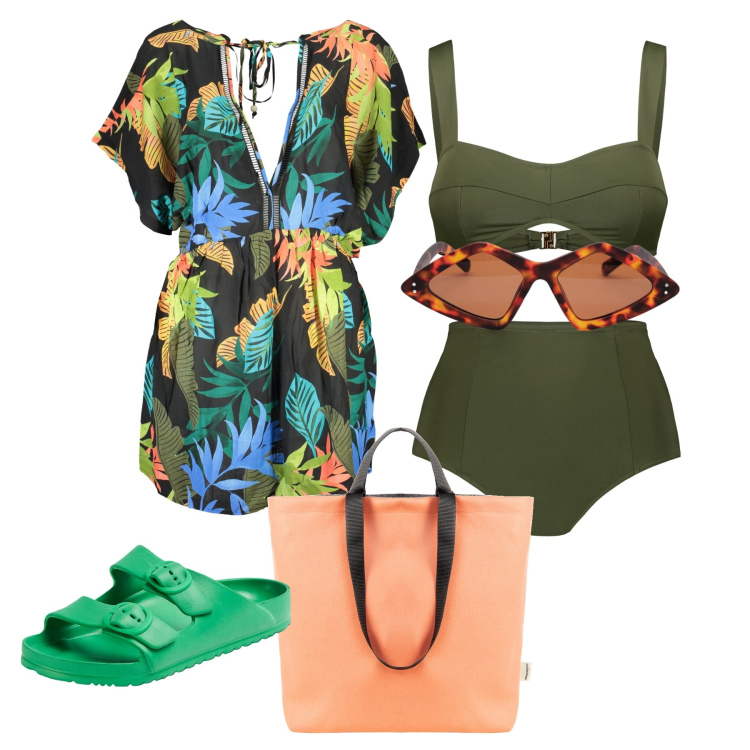Outfit donna - Ghost outfitter - giugno. Stile Chic per Mare. Abbinamento con sandali in pelle, borse tote, bikini, vestiti corti, occhiali da sole.