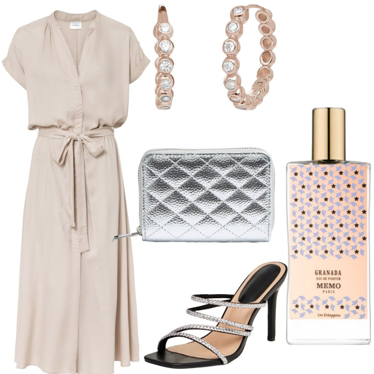 Outfit donna - Giornate fuori casa, donna curvy. Stile Bon Ton per Serata fuori. Abbinamento con vestiti chemisier, profumi, portafogli, sandali col tacco, orecchini.
