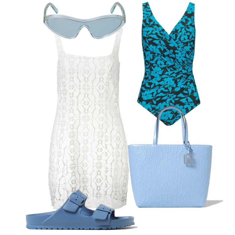 Outfit donna - Ghost outfitter - giugno. Stile Chic per Mare. Abbinamento con costumi interi, vestiti corti, sandali, borse tote, occhiali da sole.