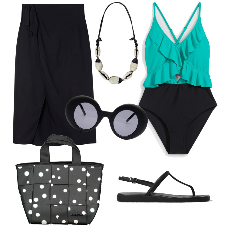Outfit donna - Estate curvy. Stile Chic per Mare. Abbinamento con costumi interi, vestiti da spiaggia, borse a spalla, sandali, occhiali da sole, collane.