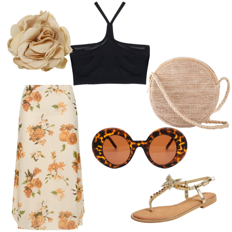 Outfit donna - Tocco Animalier. Abbinamento con borse a tracolla, sandali gioiello, top, braccialetti, occhiali da sole, gonne longuette.