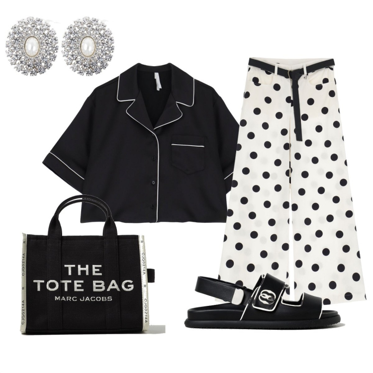 Outfit donna - Pantaloni a pois. Stile Bon Ton per Serata fuori. Abbinamento con camicie a manica corta, pantaloni a palazzo, canottiere, sandali in pelle, orecchini, borse tote.