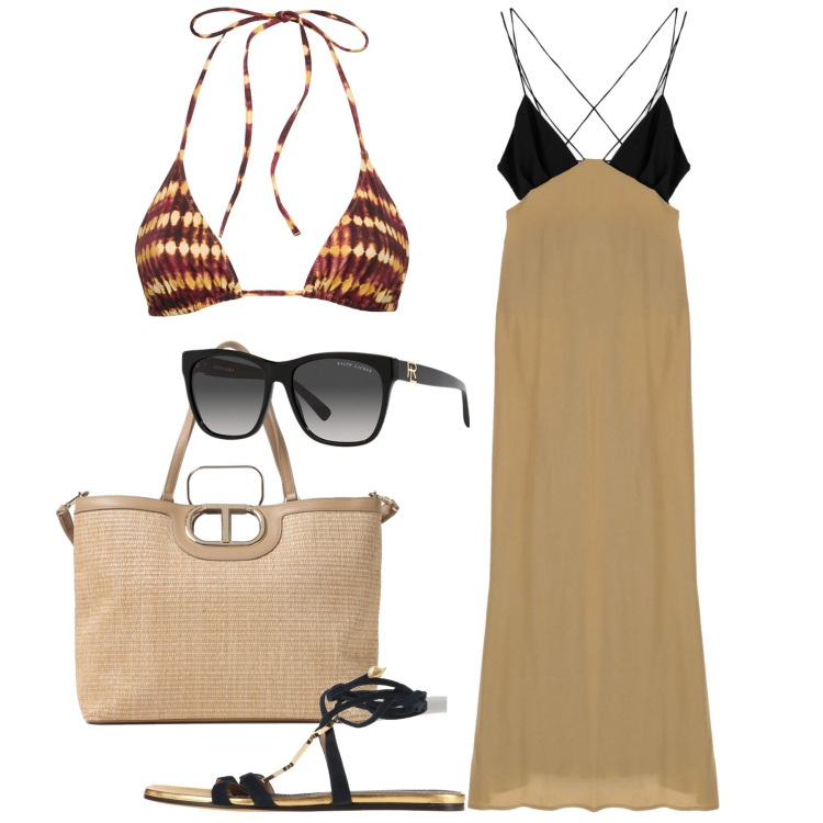 Outfit donna - Ghost outfitter - giugno. Stile Chic per Mare. Abbinamento con sandali in pelle, vestiti lunghi, occhiali da sole, borse tote, bikini.