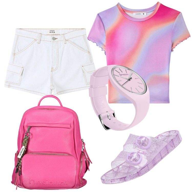 Outfit donna - Lollipop. Stile Casual per Mare. Abbinamento con pantaloni corti, t-shirt, ciabatte, orologi, zaini.