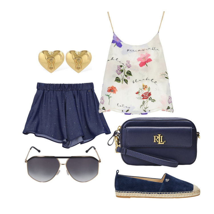 Outfit donna - Ghost outfitter - giugno. Stile Trendy per Tutti i giorni. Abbinamento con canottiere, shorts, pochette, espadrillas, occhiali da sole, orecchini.