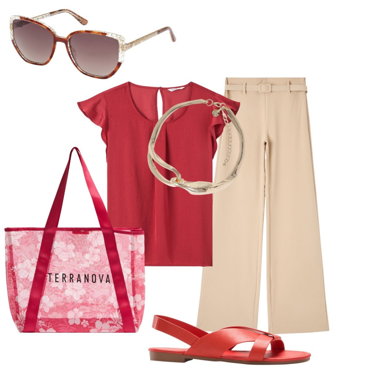Outfit donna - Total look #1901365. Stile Minimal per Ufficio. Abbinamento con sandali, bluse, shopping bag, pantaloni, collane, occhiali da sole.