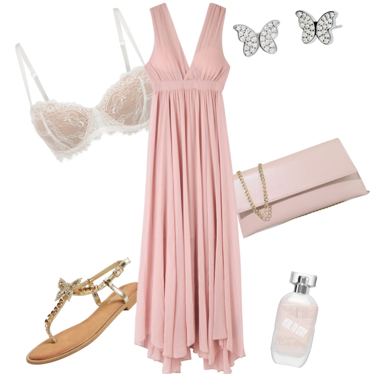 Outfit donna - Leggiadra come una farfalla. Stile Chic per Serata fuori. Abbinamento con reggiseni a balconcino, profumi, vestiti lunghi, sandali gioiello, orecchini, pochette.