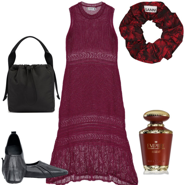 Outfit donna - Stasera pizza. Stile Trendy per Serata fuori. Abbinamento con profumi, vestiti lunghi, accessori per capelli, ballerine, borse a mano.
