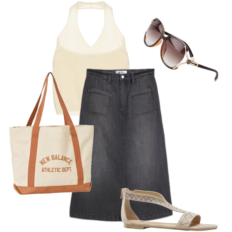 Outfit donna - La gonna nera in jeans. Stile Casual chic per Tutti i giorni. Abbinamento con gonne longuette, occhiali da sole, sandali, borse tote, maglieria.