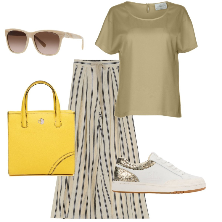 Outfit donna - I pantapalazzo a righe. Stile Urban per Tutti i giorni. Abbinamento con pantaloni a palazzo, occhiali da sole, sneakers, shopping bag, bluse.
