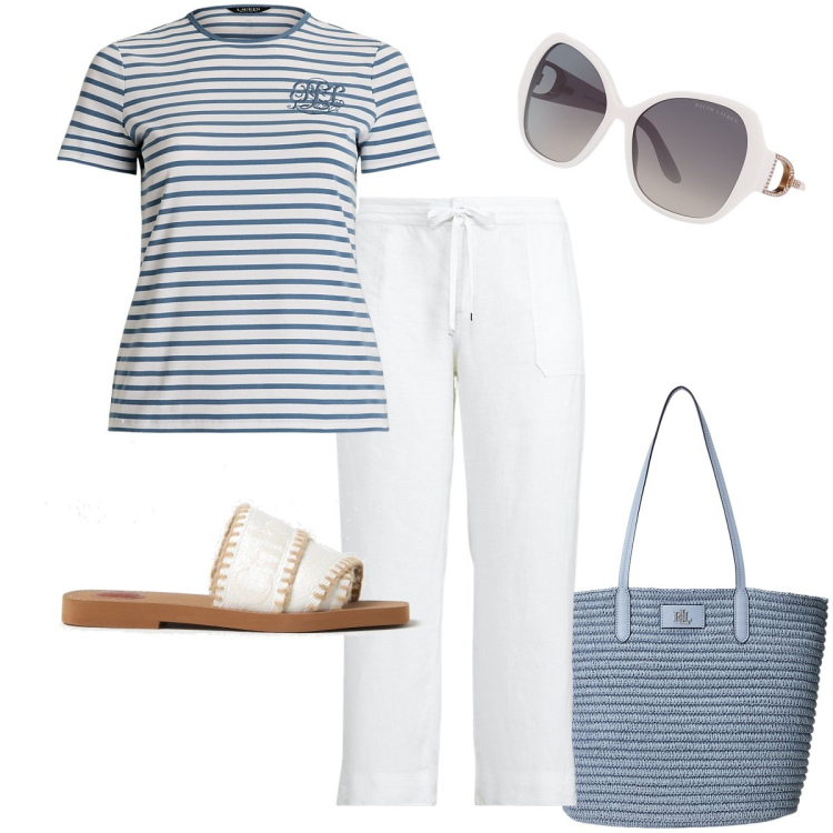 Outfit donna - Comoda al mare. Stile Casual chic per Mare. Abbinamento con occhiali da sole, borse tote, pantaloni, t-shirt, ciabatte.