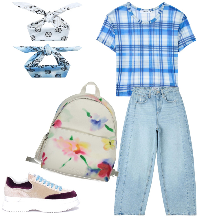Outfit donna - Maschile femminile. Stile Mannish per Tutti i giorni. Abbinamento con jeans, t-shirt, fasce per capelli, sneakers, zaini.