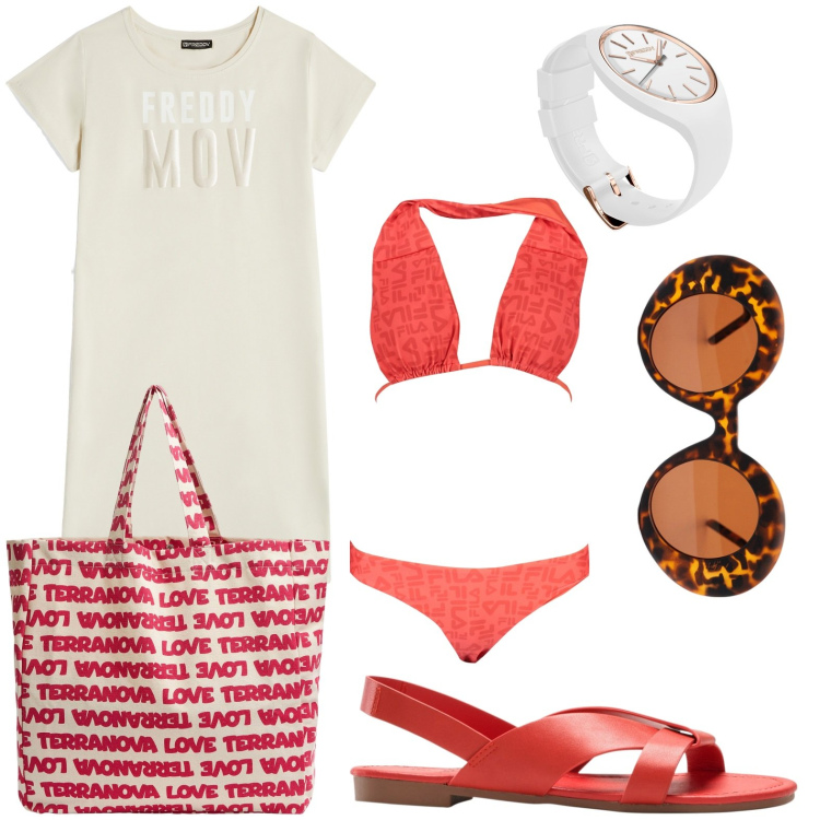Outfit donna - Tempo di mare. Stile Chic per Mare. look ideale per Petite. Abbinamento con sandali, borse tote, vestiti corti, orologi, occhiali da sole, bikini.