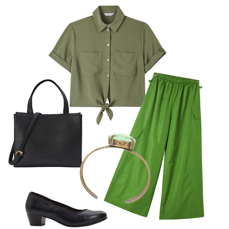 Outfit donna - Total look. Stile Basic per Tutti i giorni. Abbinamento con décolleté, pantaloni cargo, camicie a manica corta, shopping bag, braccialetti.