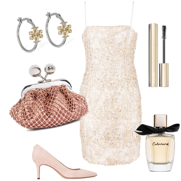 Outfit donna - Super chic outfit per lui. Stile Glamour per Serata fuori. Abbinamento con profumi, mascara, vestiti a tubino, décolleté, pochette, orecchini.