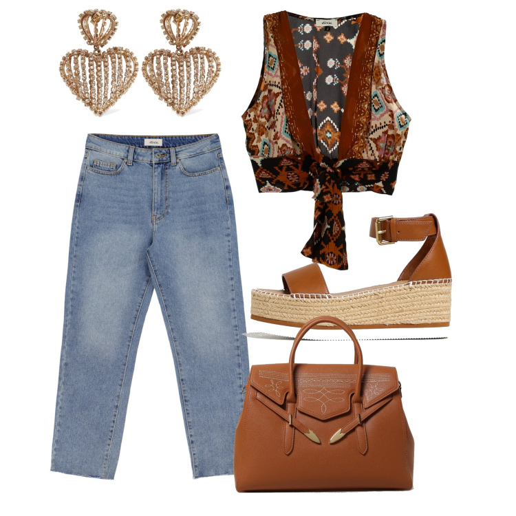 Outfit donna - Etno. Stile Etnico per Tutti i giorni. Abbinamento con jeans slim fit, top, orecchini, sandali in pelle, borse a mano.