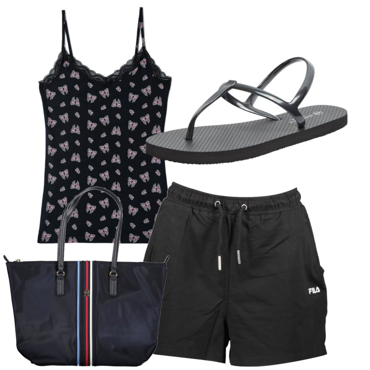 Outfit donna - Nero. Stile Urban per Tutti i giorni. Abbinamento con sandali, canottiere, borse a spalla, pantaloni.