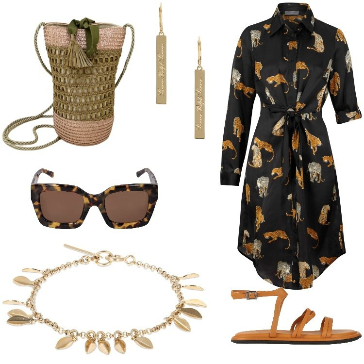 Outfit donna - Aperitivo con le amiche. Stile Casual Abbinamento con vestiti chemisier, sandali in pelle, borse a secchiello, orecchini, occhiali da sole, braccialetti.