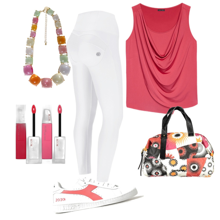 Outfit donna - Casual con un tocco originale. Stile Casual per Tutti i giorni. Abbinamento con rossetti, pantaloni skinny, collane, top, collane, sneakers.