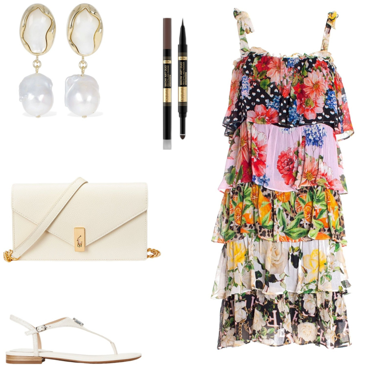 Outfit donna - Total look #1901459. Stile Chic per Serata fuori. Abbinamento con eyeliner, vestiti senza maniche, clutch, sandali in pelle, orecchini.