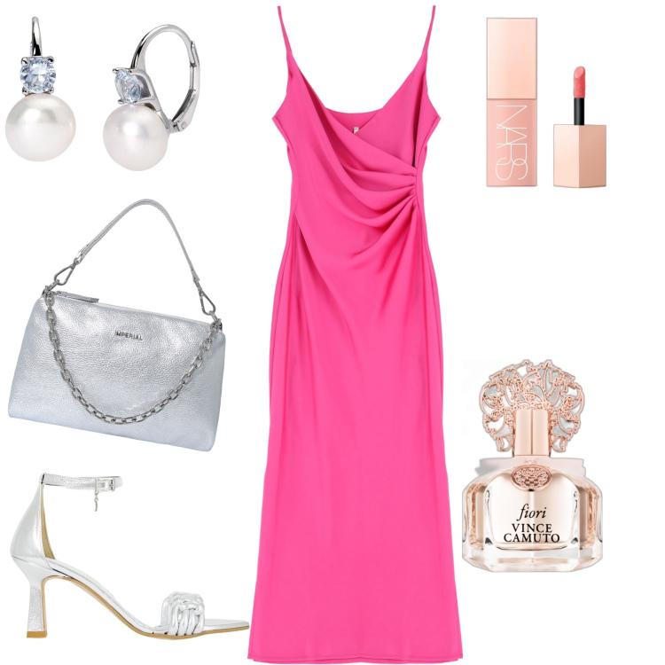 Outfit donna - Serata in slip dress. Stile Glamour per Serata fuori. Abbinamento con profumi, blush, orecchini, vestiti midi/longuette, pochette, décolleté.