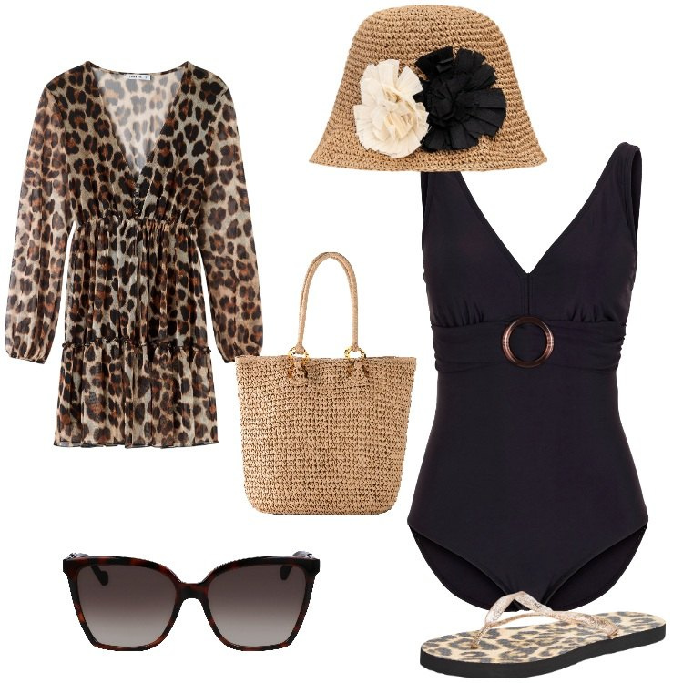 Outfit donna - Una perfetta giornata di mare. Stile Glamour per Mare. Abbinamento con costumi interi, shopping bag, infradito, vestiti corti, occhiali da sole, cappelli.