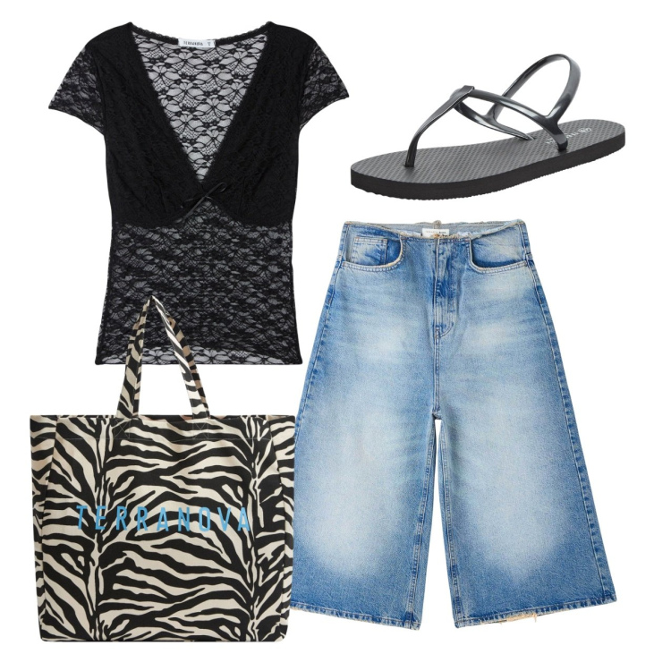 Outfit donna - Serata. Stile Casual chic per Serata fuori. Abbinamento con jeans, borse tote, sandali, t-shirt.