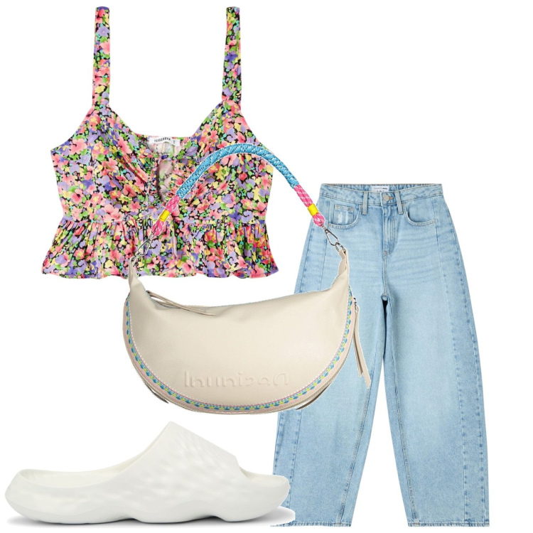 Outfit donna - Fiorellino. Stile Bon Ton per Tutti i giorni. Abbinamento con jeans, top, sandali, borse a spalla.