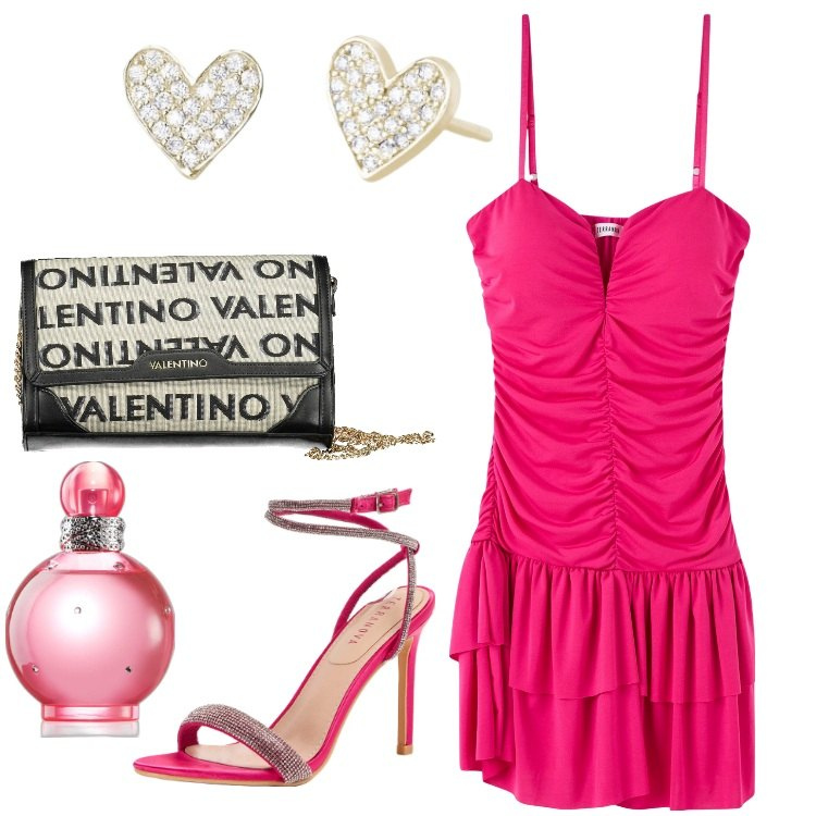 Outfit donna - Vestito corto a balze. Stile Sexy per Serata fuori. Abbinamento con profumi, vestiti, sandali col tacco, orecchini, borse a tracolla.