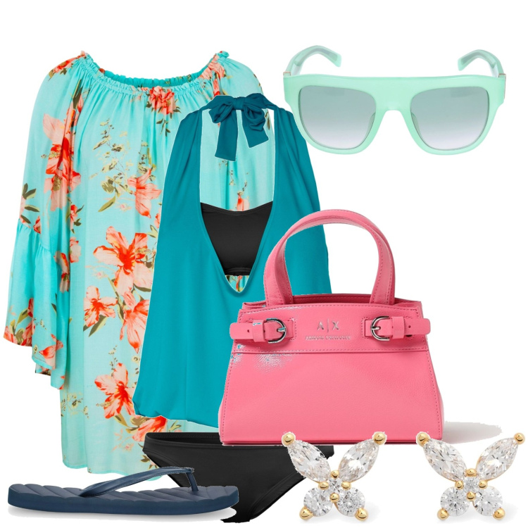 Outfit donna - Ti vorrei. Stile Chic per Mare. Abbinamento con vestiti da spiaggia, costumi interi, borse a spalla, occhiali da sole, zeppe, orecchini.