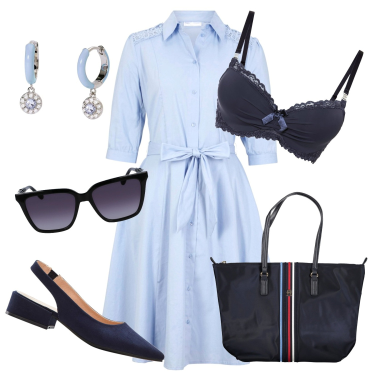 Outfit donna - Segni zodiacali d\'aria. Stile Bon Ton per Tutti i giorni. Abbinamento con décolleté, vestiti chemisier, reggiseni, orecchini, occhiali da sole, borse a spalla.