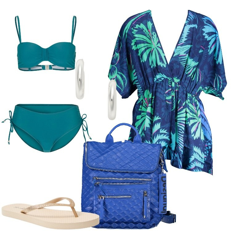 Outfit donna - Tutti i colori del mare. Stile Etnico per Mare. Abbinamento con bikini, infradito, orecchini, vestiti corti, zaini.