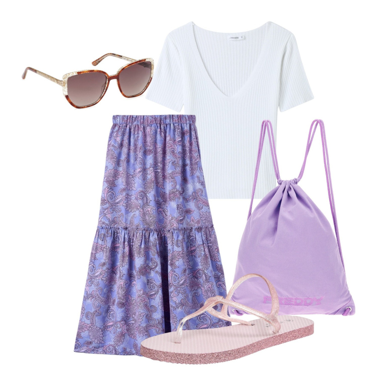 Outfit donna - Un salto all\'università. Stile Bon Ton per Scuola/Università. Abbinamento con sandali, gonne lunghe, t-shirt, zaini, occhiali da sole.