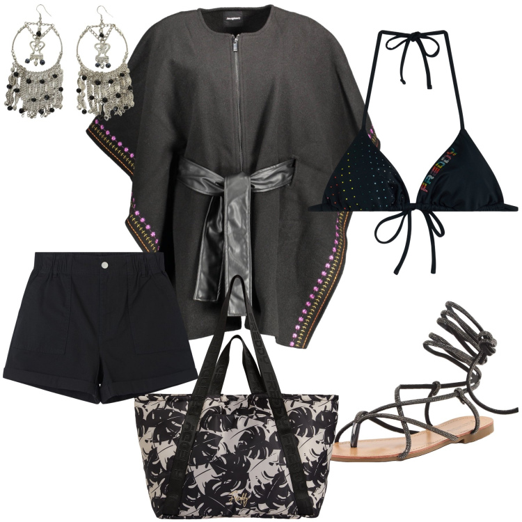 Outfit donna - Cena al ristorante dei miei bagni. Stile Glamour per Mare. Abbinamento con sandali alla schiava, shorts, shopping bag, bikini, orecchini, cappotti.