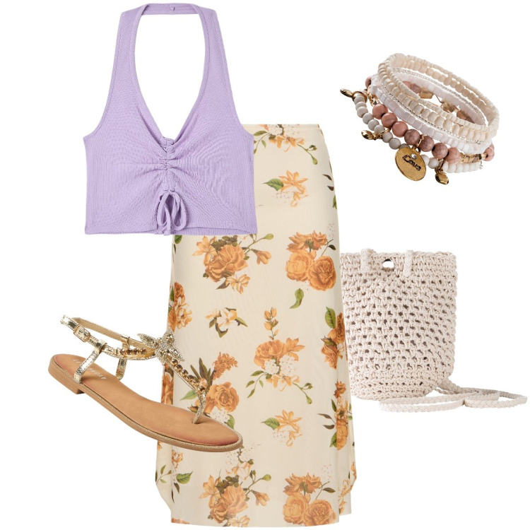 Outfit donna - La gonna romantica. Stile Boho per Mare. Abbinamento con braccialetti, borse a tracolla, top, sandali gioiello, gonne longuette.