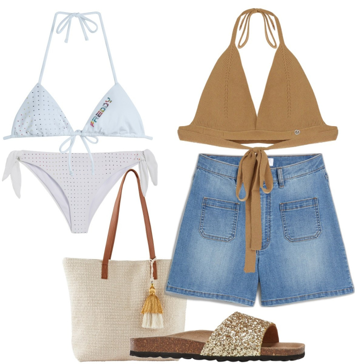 Outfit donna - Il bikini con gli strass. Stile Glamour per Mare. Abbinamento con ciabatte, shopping bag, shorts, top, bikini, bikini.