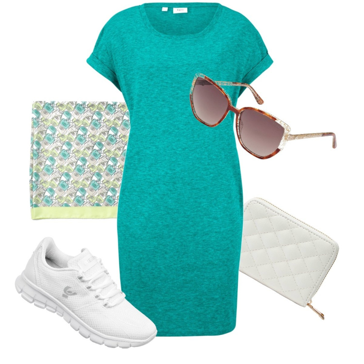 Outfit donna - L’abitino verde mare. Stile Basic per Tutti i giorni. Abbinamento con vestiti, portafogli, sneakers, occhiali da sole, foulard.