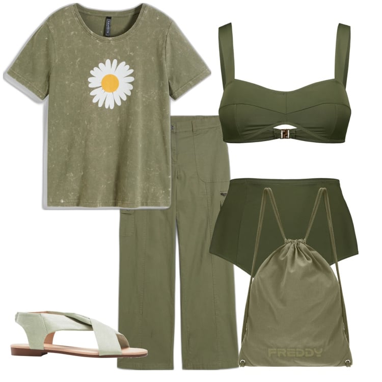 Outfit donna - Mare in verde oliva. Stile Casual per Mare. Abbinamento con pantaloni cargo, sandali, t-shirt, zaini, bikini.